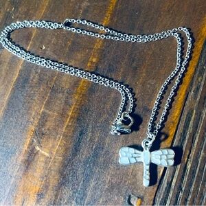 Dragonfly Tiny Vintage Detailed, Silver & Light Blue Charm on Delicate Chain